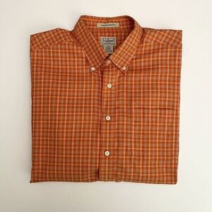 L.L. Bean Mens Orange Plaid Button Down Shirt, LL Bean Mens Collared Shirts E14‎